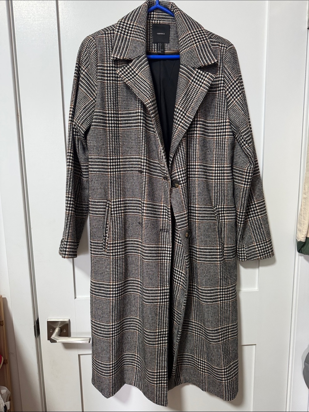 Forever 21 Black and White Glen Plaid Long Trench Coat